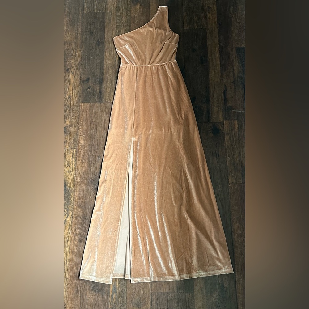 Baltic Born: Tatiana Velvet One Shoulder Maxi Dress. Size: S. Color: Champagne!